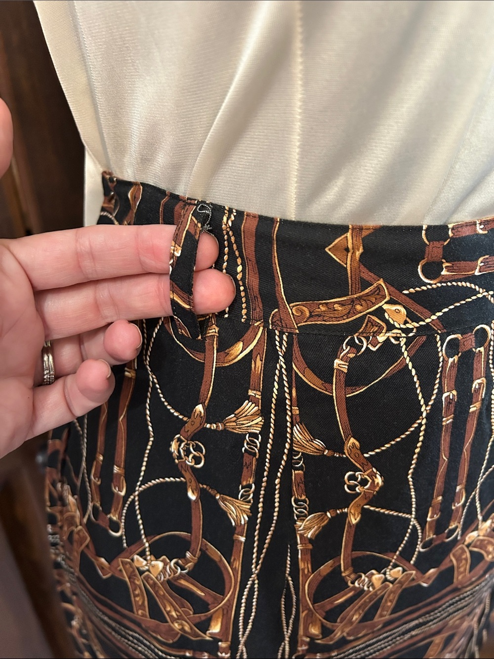 British Khaki Sz 4 Black and Brown Equestrian Bridle Print Maxi Skirt - Picture 2 of 5